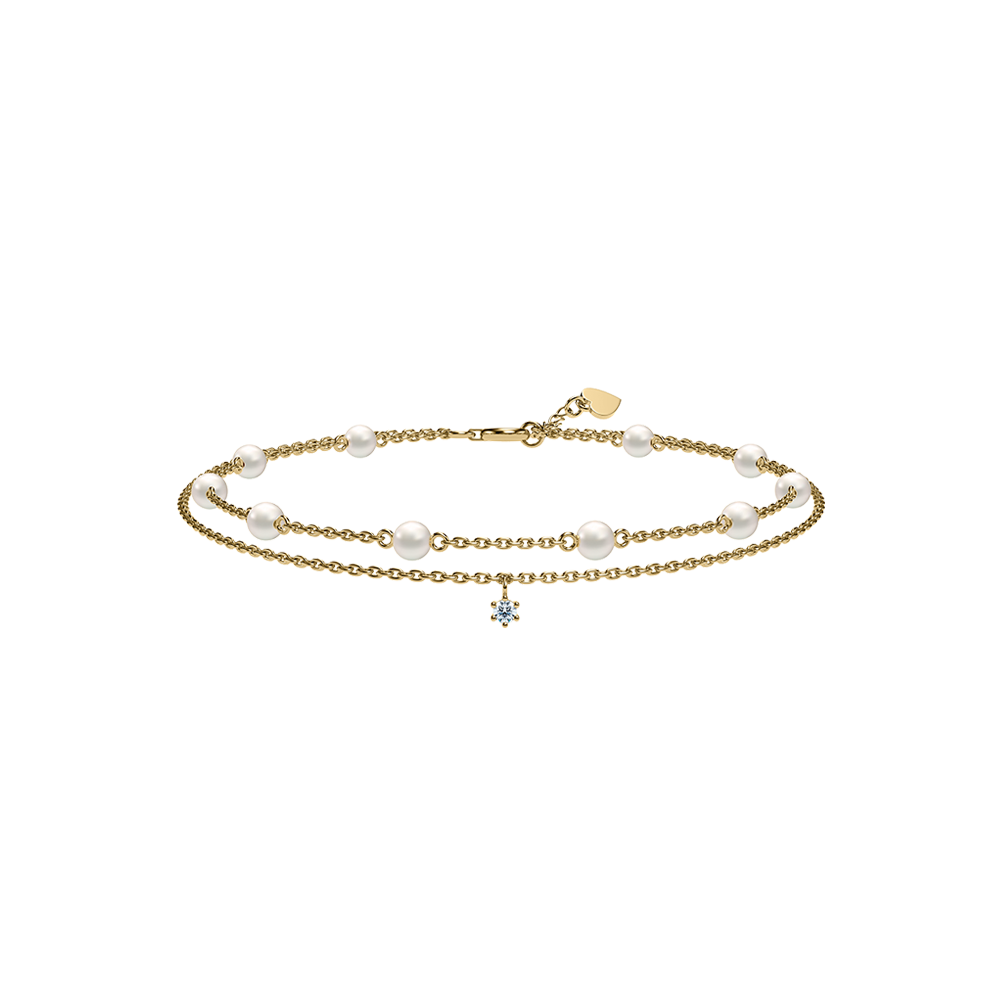 Pearl Love :  Be Loved 10K gold Pearl and solitaire diamond double-strand bracelet